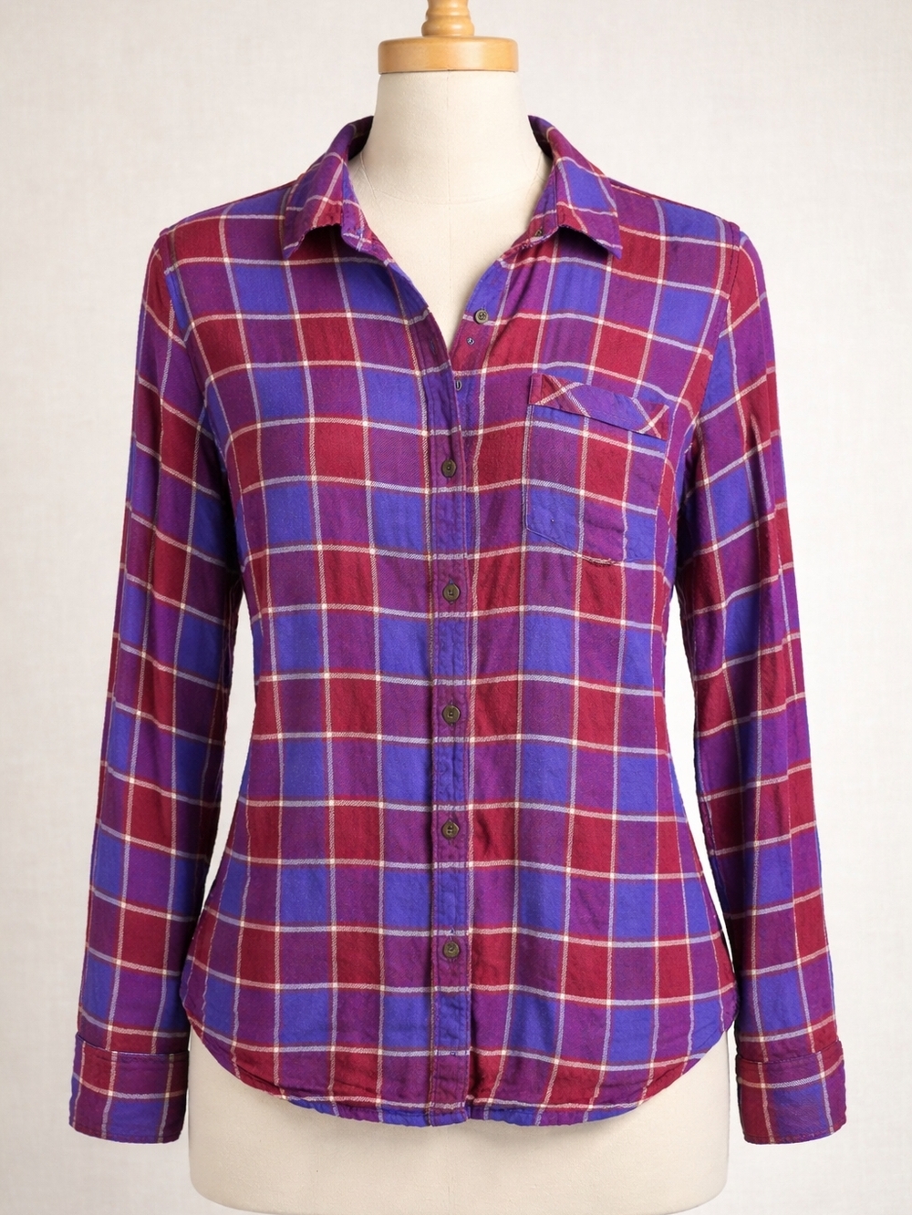Lucky Brand Plaid Button Up Shirt Small Blue Red Viscose Boho Western Back Butto